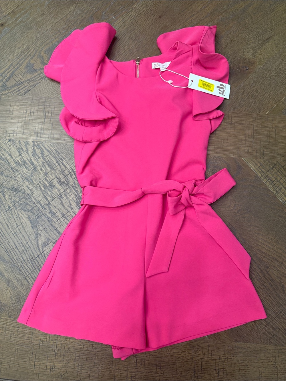 GB girls Hot Pink Ruffle Sleeve Romper with Waist Tie